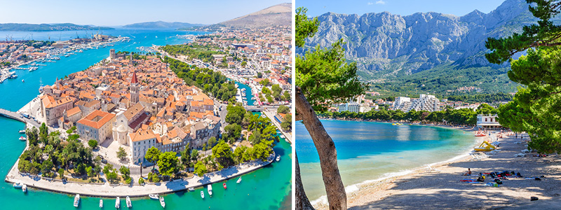 Havnepromenaden i Baska Voda (med Biokovo bjergkæden i baggrunden) samt Trogir set oppefra